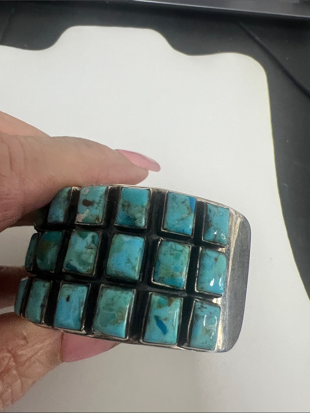 Sterling silver Turquoise Square Stone Cuff Bracelet - Women Jewelry - Picture 4 of 15